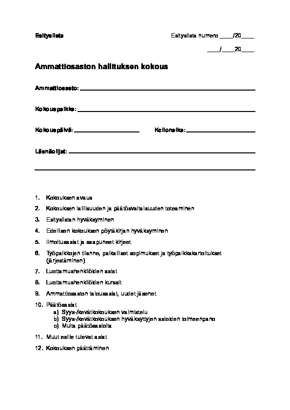 Liite 12. Ammattiosaston hallituksen kokouksen esityslista