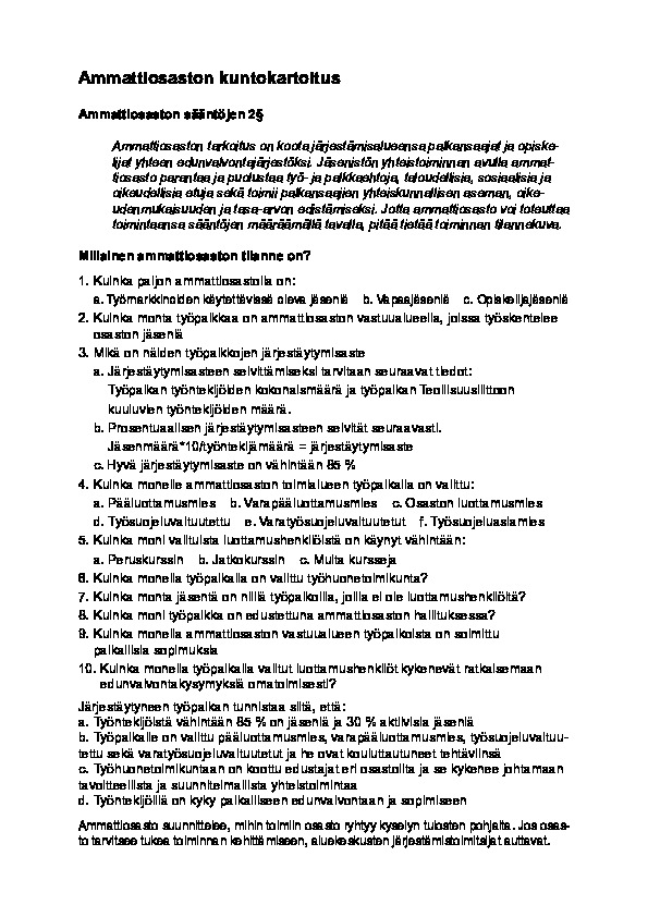 Liite 14. Ammattiosaston kuntokartoitus