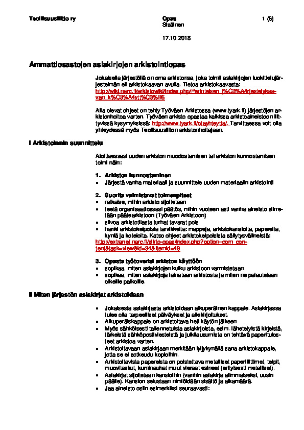 Ammattiosastojen asiakirjojen arkistointiopas
