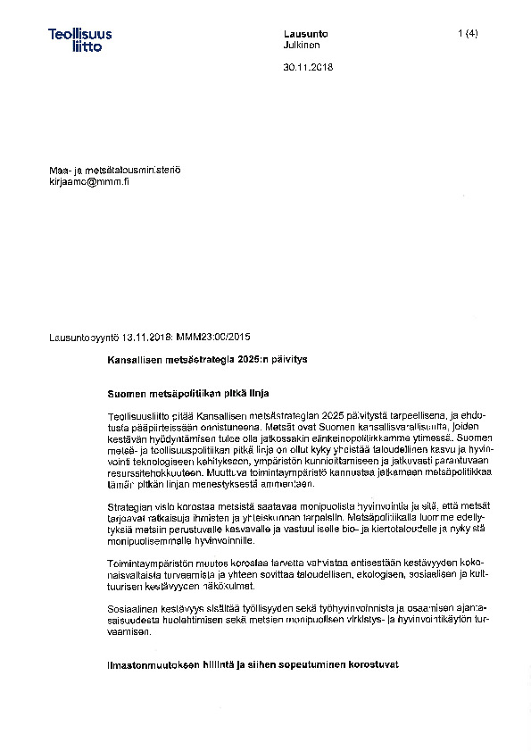 Teollisuusliiton lausunto kansallisen metsästrategian 2025 päivittämisestä