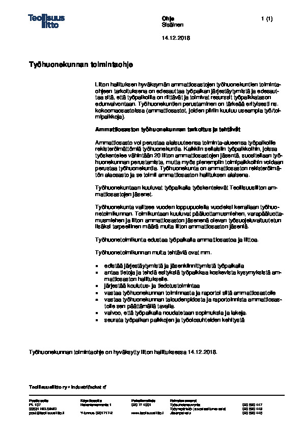 Työhuonekunnan toimintaohje 2019