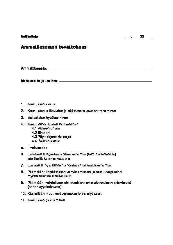 Liite 02. Ammattiosaston kevätkokouksen esityslista