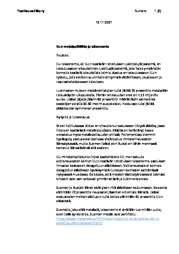 Teollisuusliiton lausunto EU:n metsäpolitiikkaa ja taksonomiaa koskien