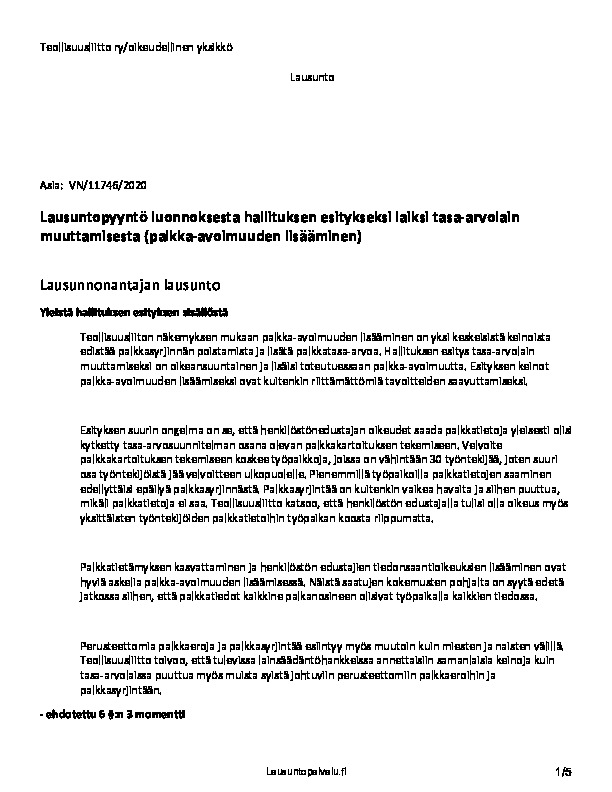 Teollisuusliiton lausunto hallituksen esitykseen laiksi tasa-arvolain muuttamisesta