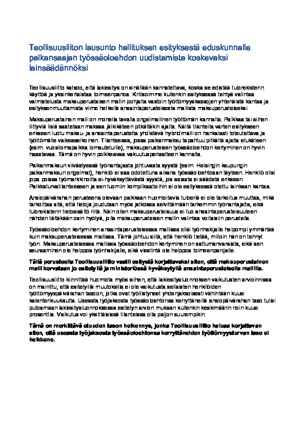 Teollisuusliiton lausunto ansioturvan euroistamisesta