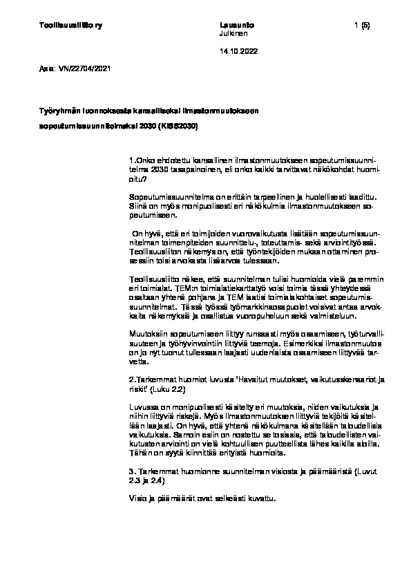 Teollisuusliiton lausunto luonnoksesta kansalliseksi ilmastonmuutokseen sopeutumisohjelmaksi