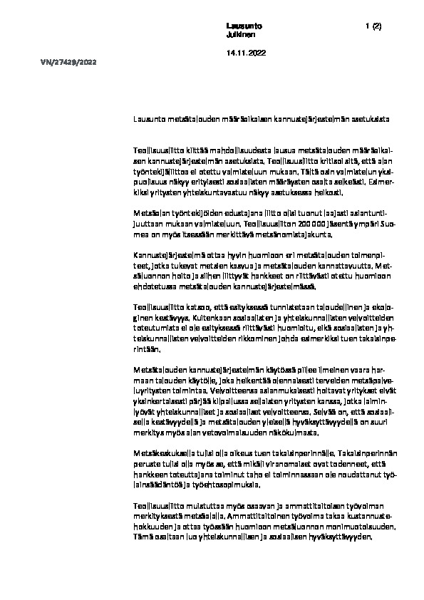 Teollisuusliiton lausunto metsätalouden määräaikaisen kannustejärjestelmän asetuksista