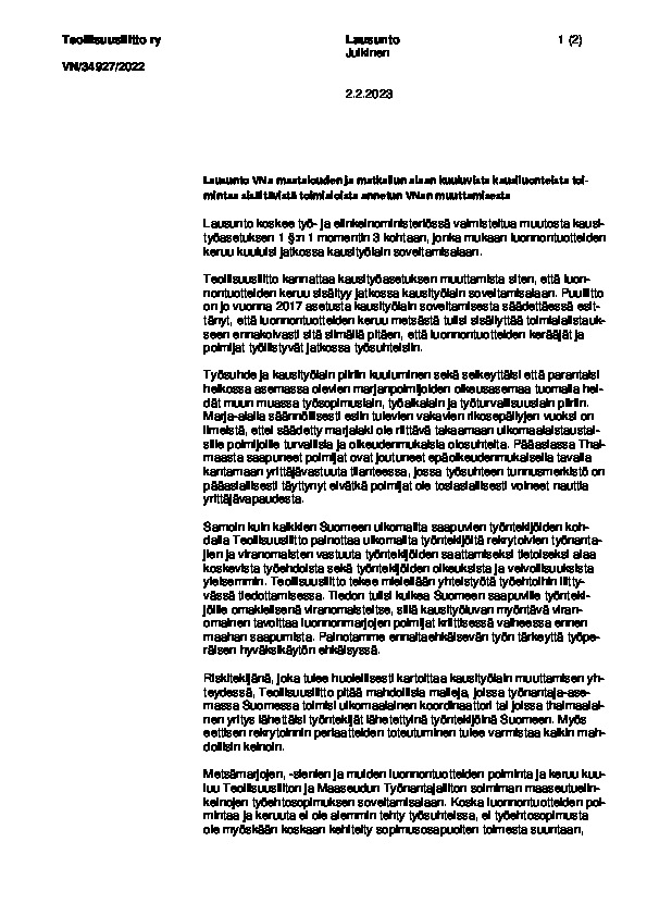 Teollisuusliiton lausunto kausiluonteista toimintaa sisältävistä toimialoista