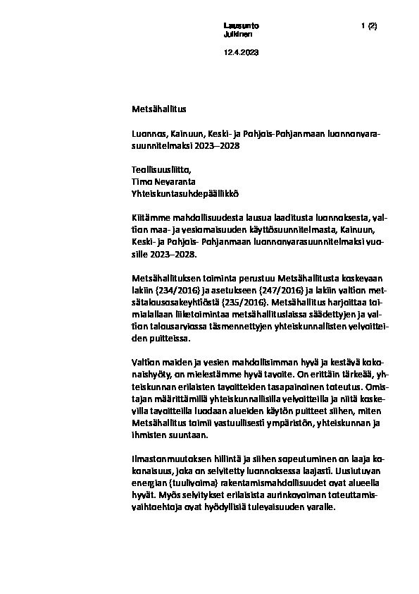 Teollisuusliiton lausunto Kainuun Keski- ja Pohjois-Pohjanmaan luonnonvarasuunnitelmaksi 2023–2028