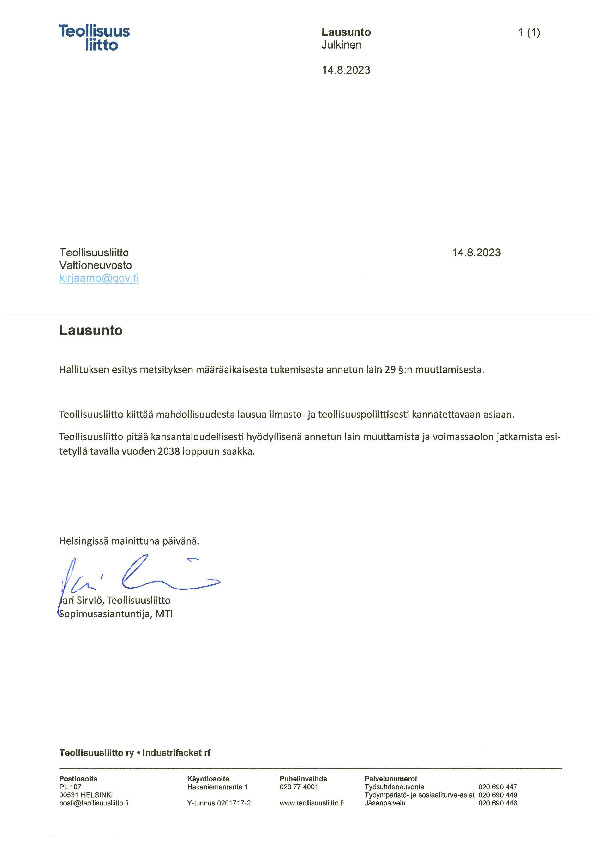 Teollisuusliiton lausunto metsityksen määräaikaisesta tukemisesta annetun lain 29 §:n muuttamisesta