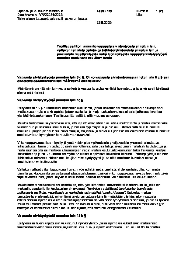 Teollisuusliiton lausunto vapaasta sivistystyöstä annetun lain, valtakunnallisista opinto- ja tutkintorekistereistä annetun lain ja puoluelain muuttamisesta sekä luonnoksesta vapaasta sivistystyöstä annetun asetuksen muuttamisesta 28.8.2023