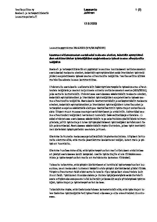 Teollisuusliiton lausunto työntekijöiden suojelemisesta työssä vaaraa aiheuttavilta tekijöiltä