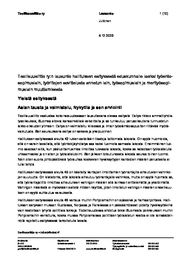 Teollisuusliiton lausunto työrauhamuutoksista