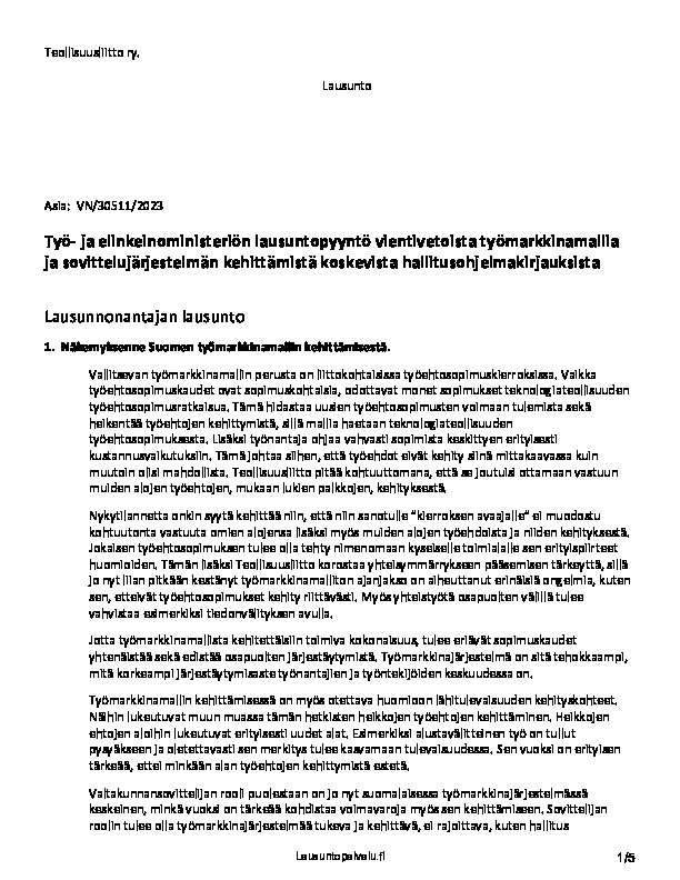 Teollisuusliiton lausunto – TEMin lausuntopyyntö vientivetoisesta työmarkkinamallista ja sovittelujärjestelmän kehittämisestä
