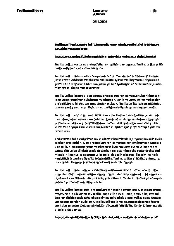 Teollisuusliiton lausunto hallituksen esitykseen laiksi työttömyysturvalain muuttamisesta