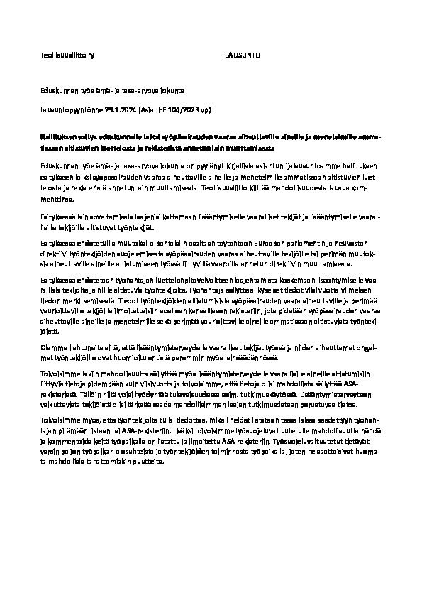 Teollisuusliiton lausunto hallituksen esitykseen eduskunnalle laiksi syöpäsairauden vaaraa aiheuttaville aineille ja menetelmille