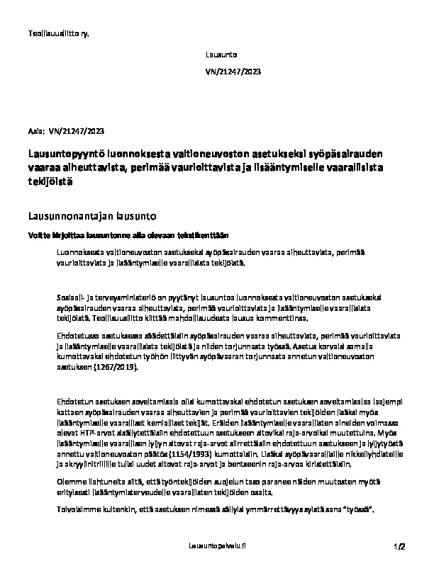 Teollisuusliiton lausunto luonnoksesta valtioneuvoston asetukseksi syöpäsairauden vaaraa aiheuttavista tekijöistä