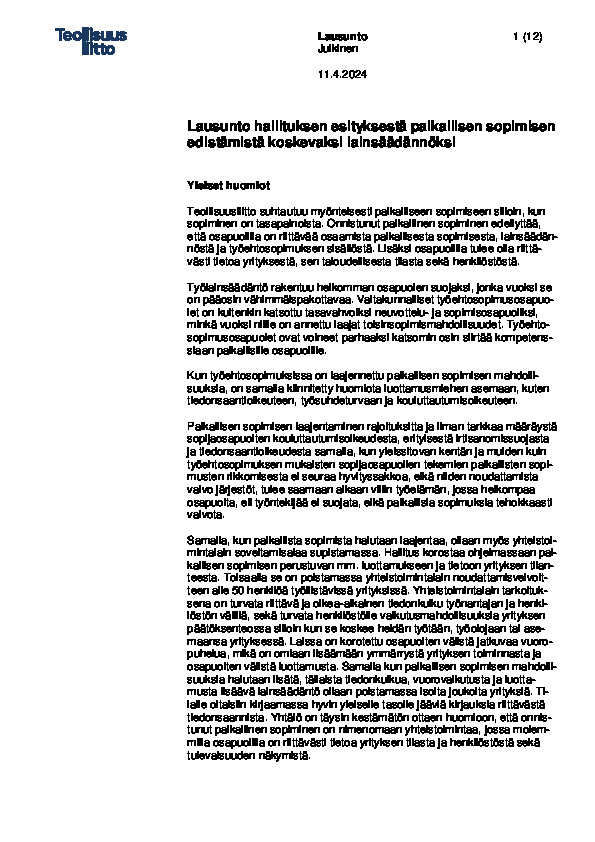 Teollisuusliiton lausunto hallituksen esitykseksi paikallisen sopimisen edistämistä koskevaksi lainsäädännöksi