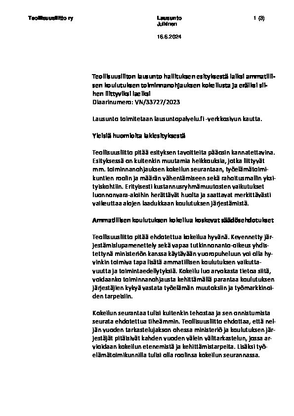 Teollisuusliiton lausunto ammatillisen koulutuksen rahoitusmallista