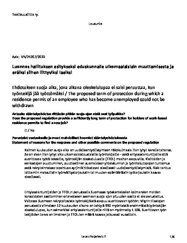 Teollisuusliiton lausunto ulkomaalaislain muuttamisesta