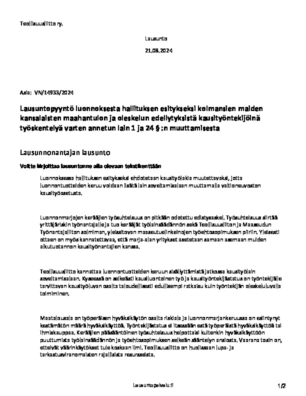 Teollisuusliiton lausunto kolmansien maiden kansalaisten maahantulon ja oleskelun edellytyksistä