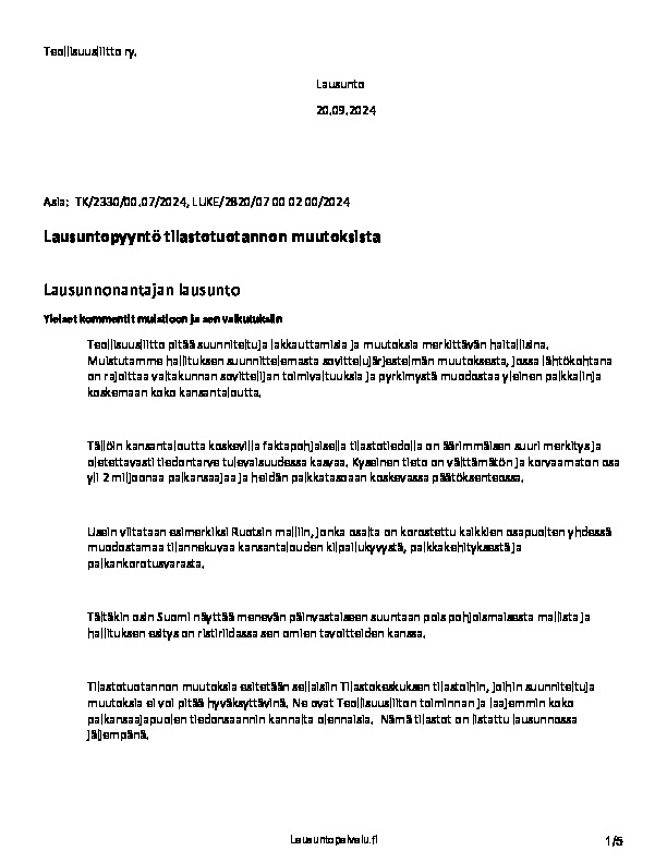 Teollisuusliiton lausunto tilastotuotannon muutoksista