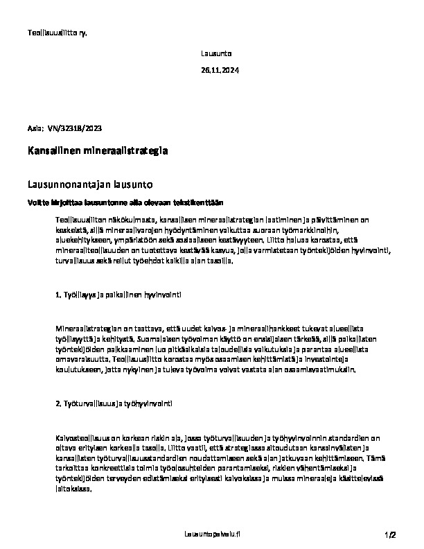 Teollisuusliiton lausunto kansallisesta mineraalistrategiasta