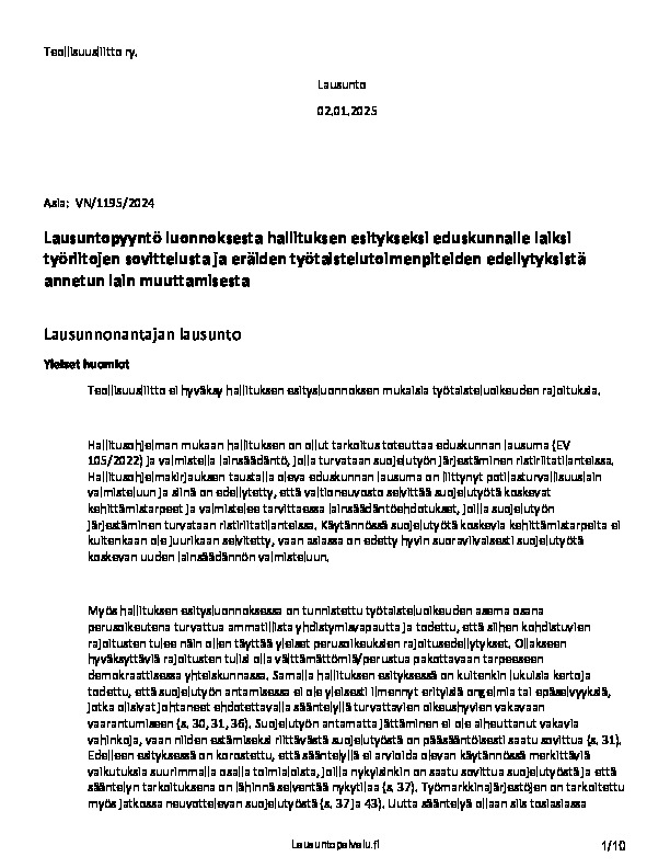 Lausunto luonnoksesta hallituksen esitykseksi laiksi työriitojen sovittelusta