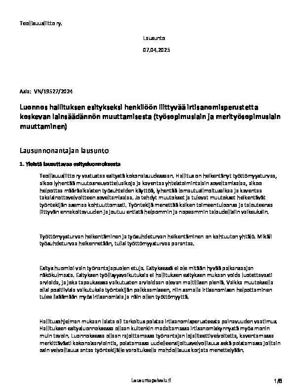 Lausunto luonnoksesta hallituksen esitykseksi henkilöön liittyvää irtisanomisperustetta koskevan lainsäädännön muuttamisesta