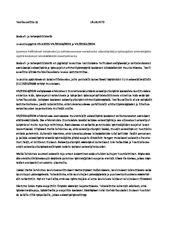 Lausunto asbestityöstä ja työsuojelun ammattipätevyydestä