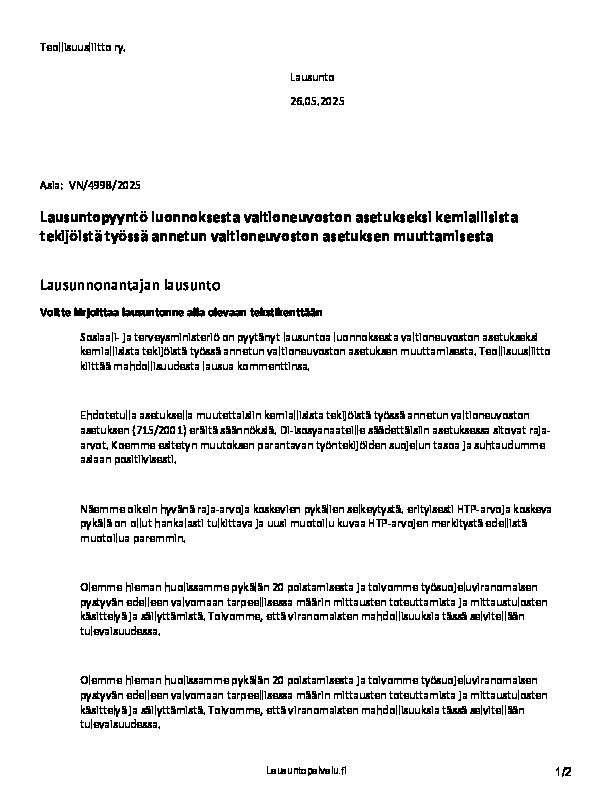 Lausunto luonnoksesta valtioneuvoston asetukseksi kemiallisista tekijöistä työssä annetun valtioneuvoston asetuksen muuttamisesta