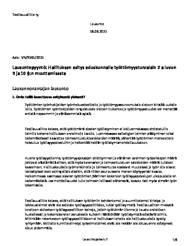 Teollisuusliiton lausunto hallituksen esityksestä eduskunnalle työttömyysturvalain 2 a luvun 9 ja 10 §:n muuttamisesta