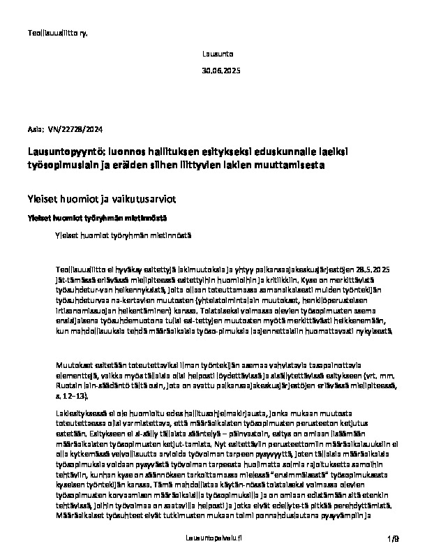 Teollisuusliiton lausunto luonnoksesta hallituksen esitykseksi eduskunnalle laeiksi työsopimuslain ja eräiden siihen liittyvien lakien muuttamisesta