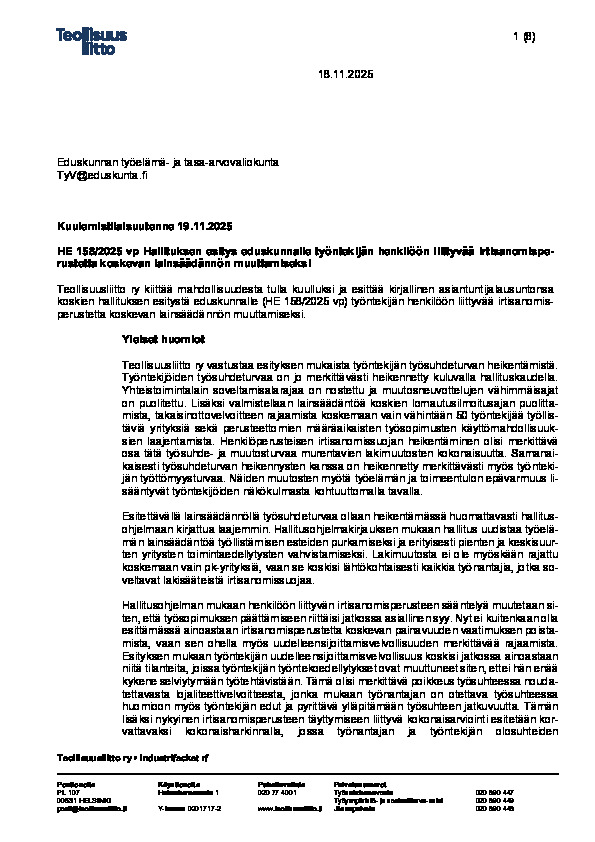 Teollisuusliiton lausunto työntekijän henkilöön liittyvää irtisanomisperustetta koskevan lainsäädännön muuttamiseksi