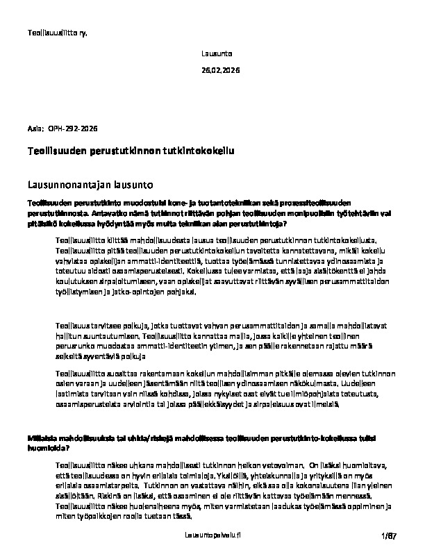 Teollisuusliiton lausunto teollisuuden perustutkinnon tutkintokokeilusta