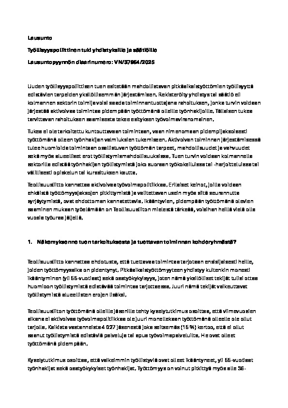 Teollisuusliiton lausunto työllisyyspoliittisesta tuesta yhdistyksille ja säätiöille (VN/37864/2025)