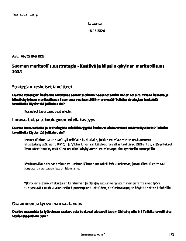 Teollisuusliiton lausunto meriteollisuusstrategiasta (VN/28194/2025)