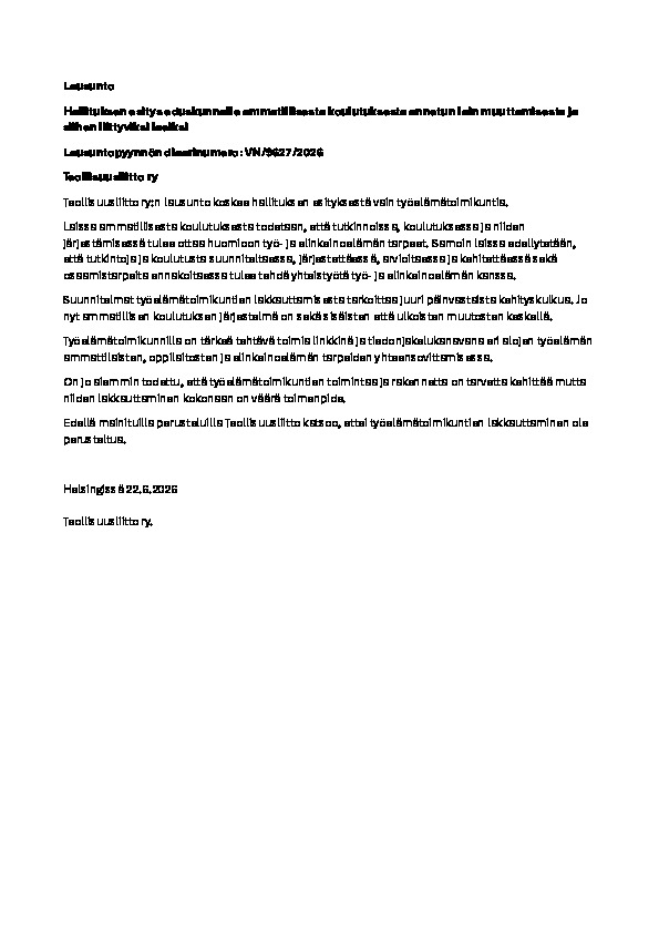 Teollisuusliiton lausunto ammatillisesta koulutuksesta annetun lain muuttamisesta ja siihen liittyviksi laeiksi (VN/9627/2026)