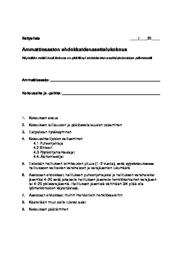 Liite 05. Ammattiosaston ehdokkaidenasettelukokouksen esityslista