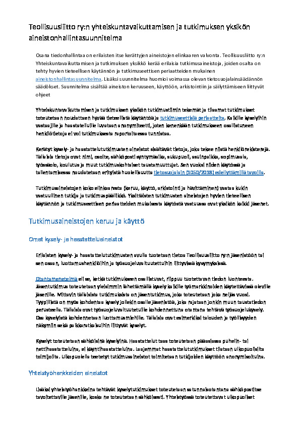 Yhteiskuntavaikuttamisen ja tutkimuksen yksikön aineistonhallintasuunnitelma
