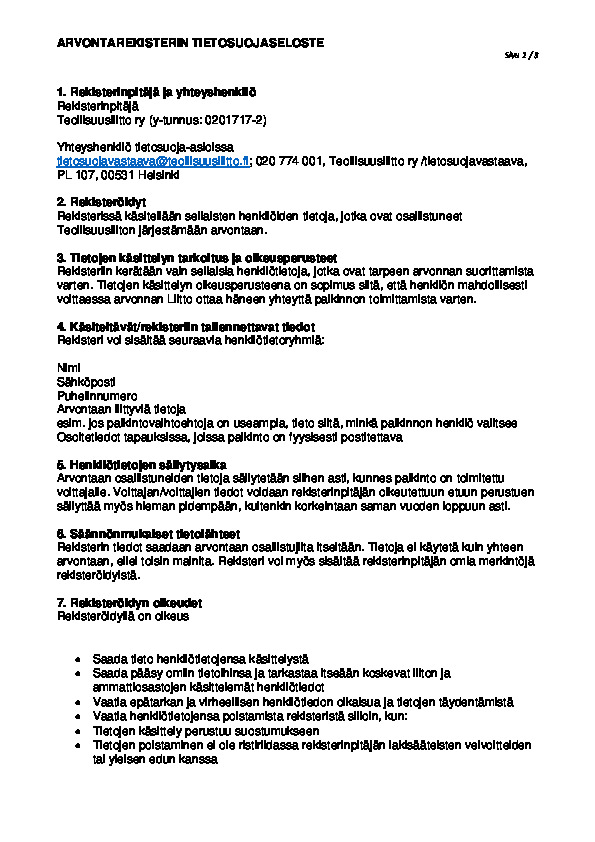 Arvontarekisterin tietosuojaseloste