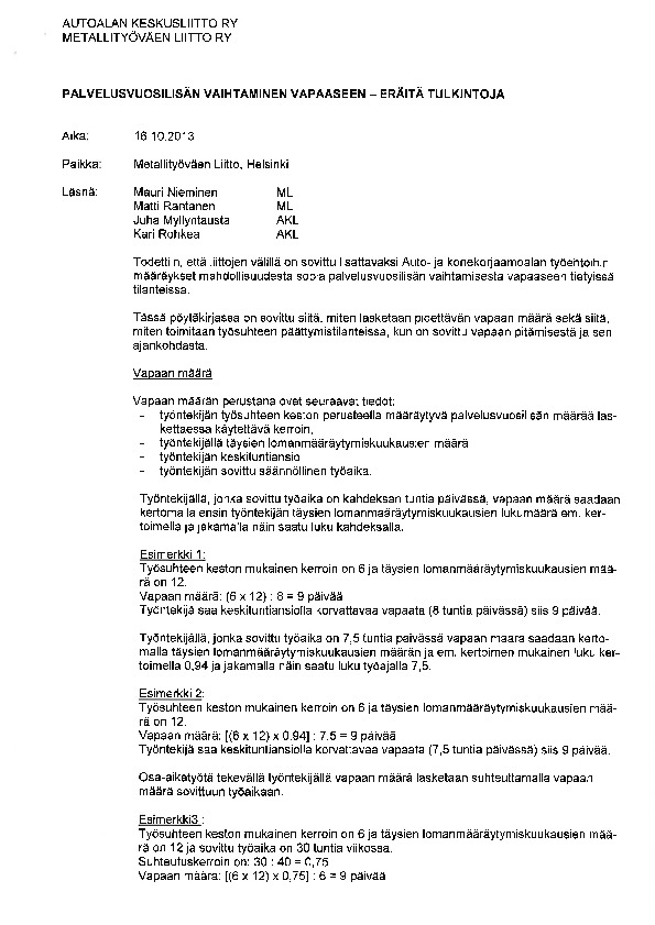 Auto ja konekorjaamoala – Palvelusvuosilisän vaihtaminen vapaaseen