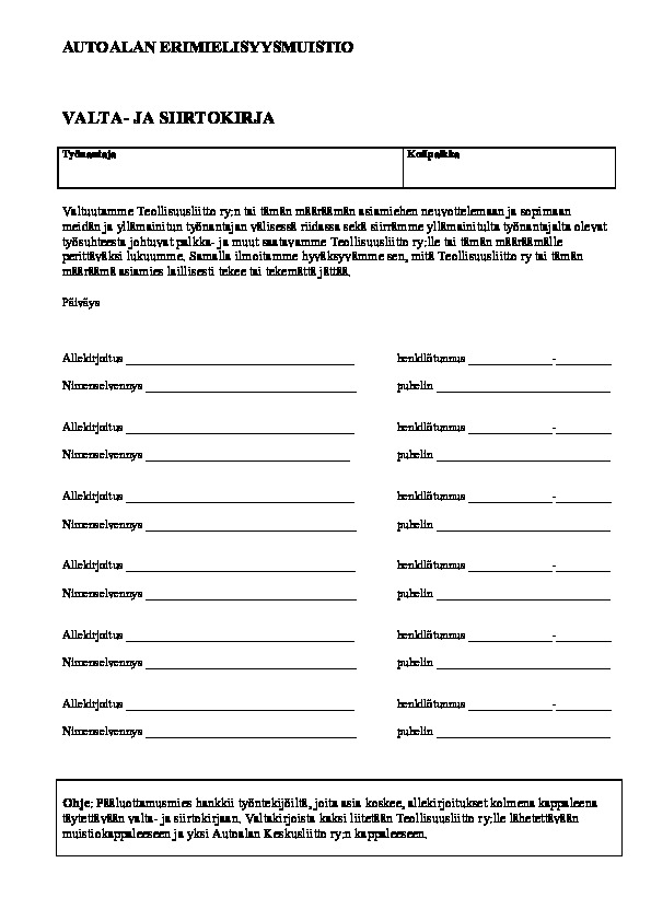 Autoalan kaupan ja korjaamotoiminnan valta- ja siirtokirja