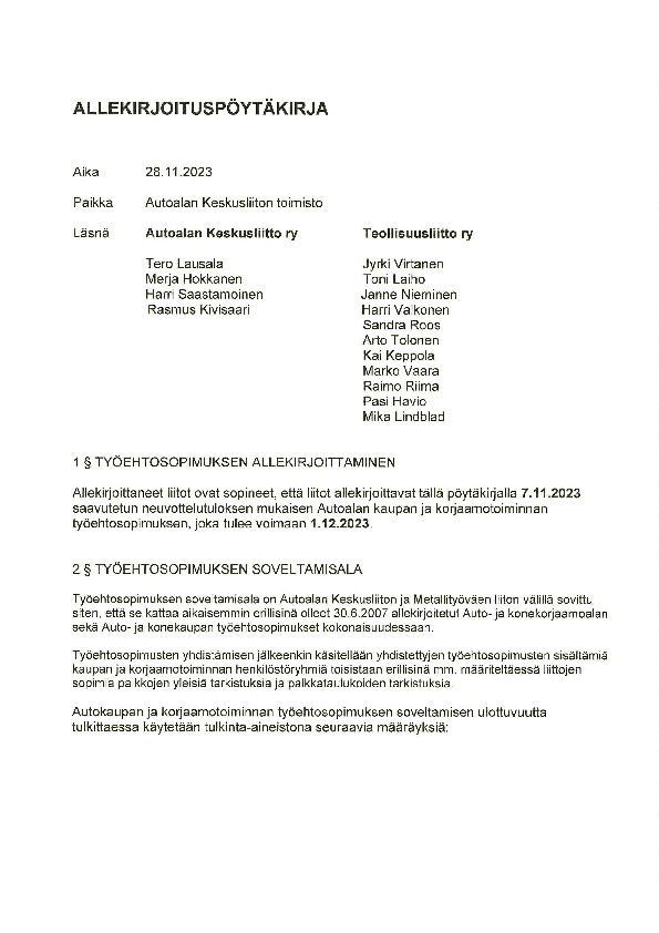 Autoalan kaupan ja korjaamotoiminnan allekirjoituspöytäkirja 2023–2027