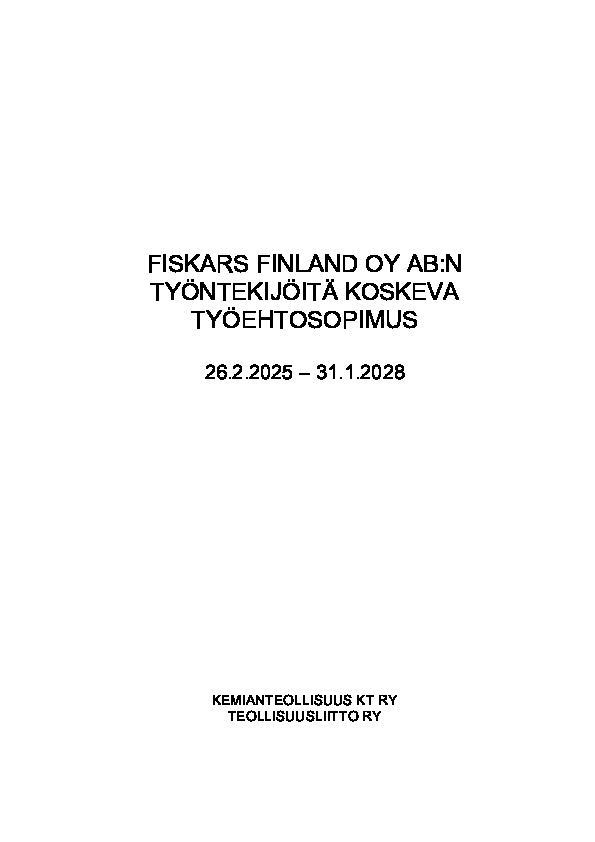 Fiskars Finland Oy Ab:n työntekijöitä koskeva työehtosopimus 2025–2028