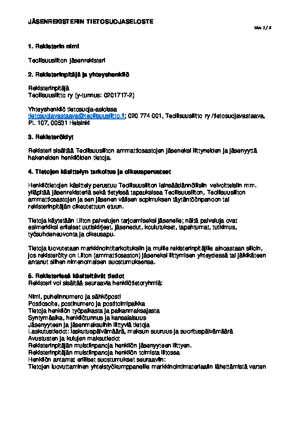 Jäsenrekisterin tietosuojaseloste