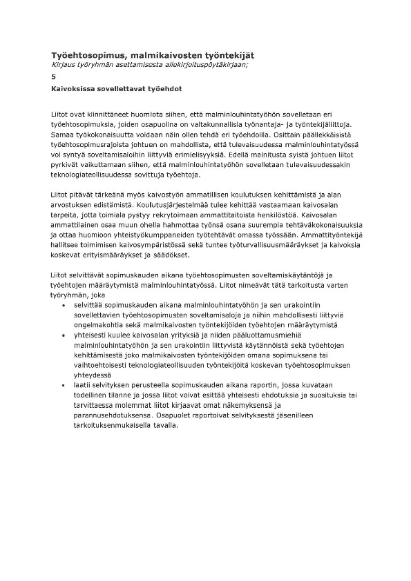 Kirjaus työryhmän asettamisesta malmikaivosten allekirjoituspöytäkirjaan