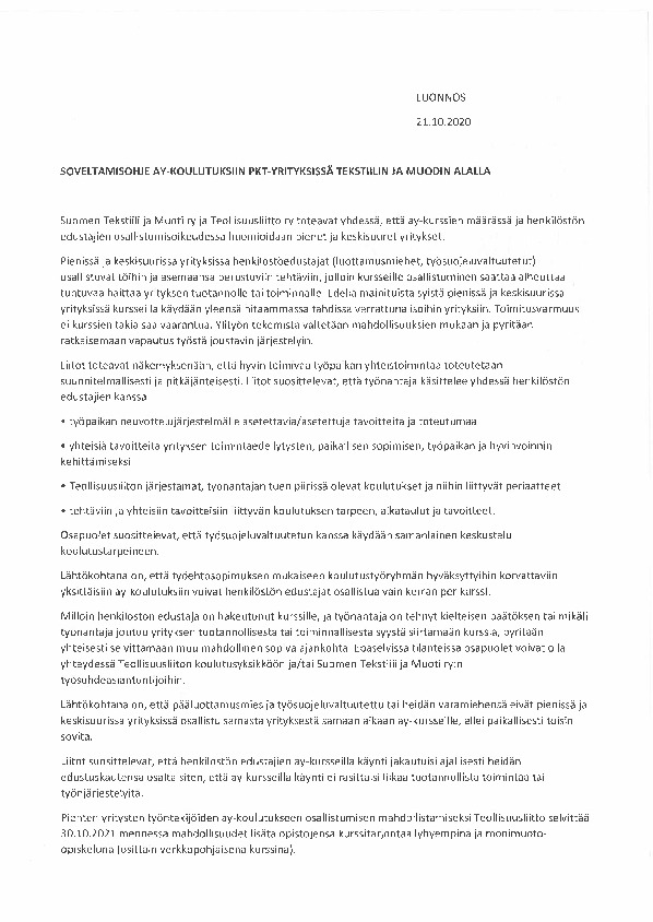 Koulutussopimuksen soveltamisohje tekstiili- ja muotialalle