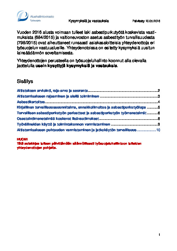 Kysymyksiä ja vastauksia asbestipurkutyöstä