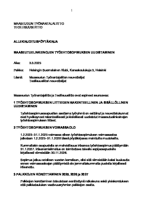 Maaseutuelinkeinojen allekirjoituspöytäkirja 2025–2028